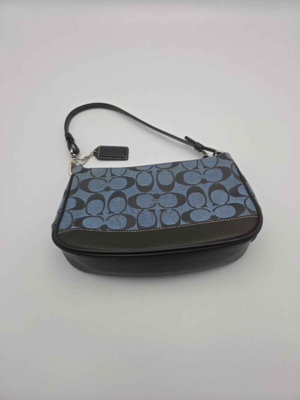 Coach Signature Demi Pouch Mini Shoulder Bag Blue Canvas Brown Leather